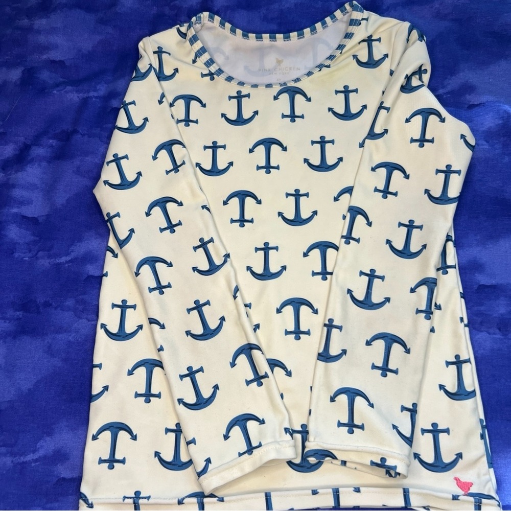 Pink Chicken Kids Cream Blue Anchor Print Long Sleeve Rash Guard Swim Top 6Y